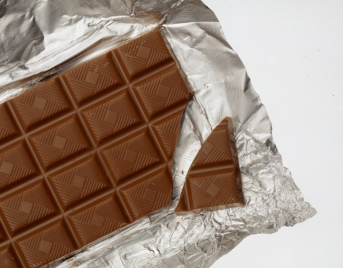 A Chocolate Bar with a Piece Broken off on Foil Wrap
