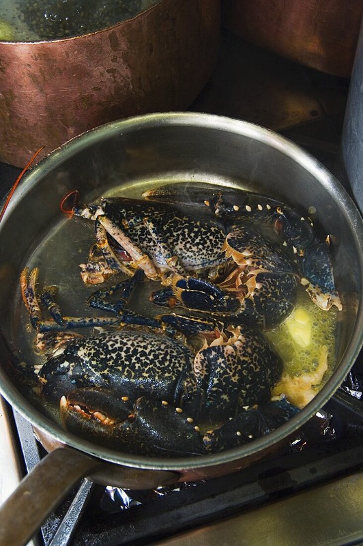 Braising two raw lobsters in butter in a sauteuse