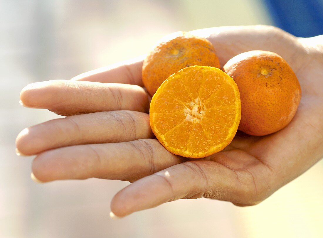 Hand holding two mandarins and half a mandarin