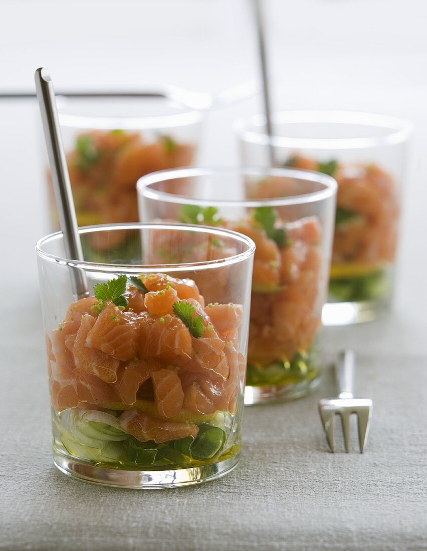 Salmon tartare with coriander on spring onions in glasses