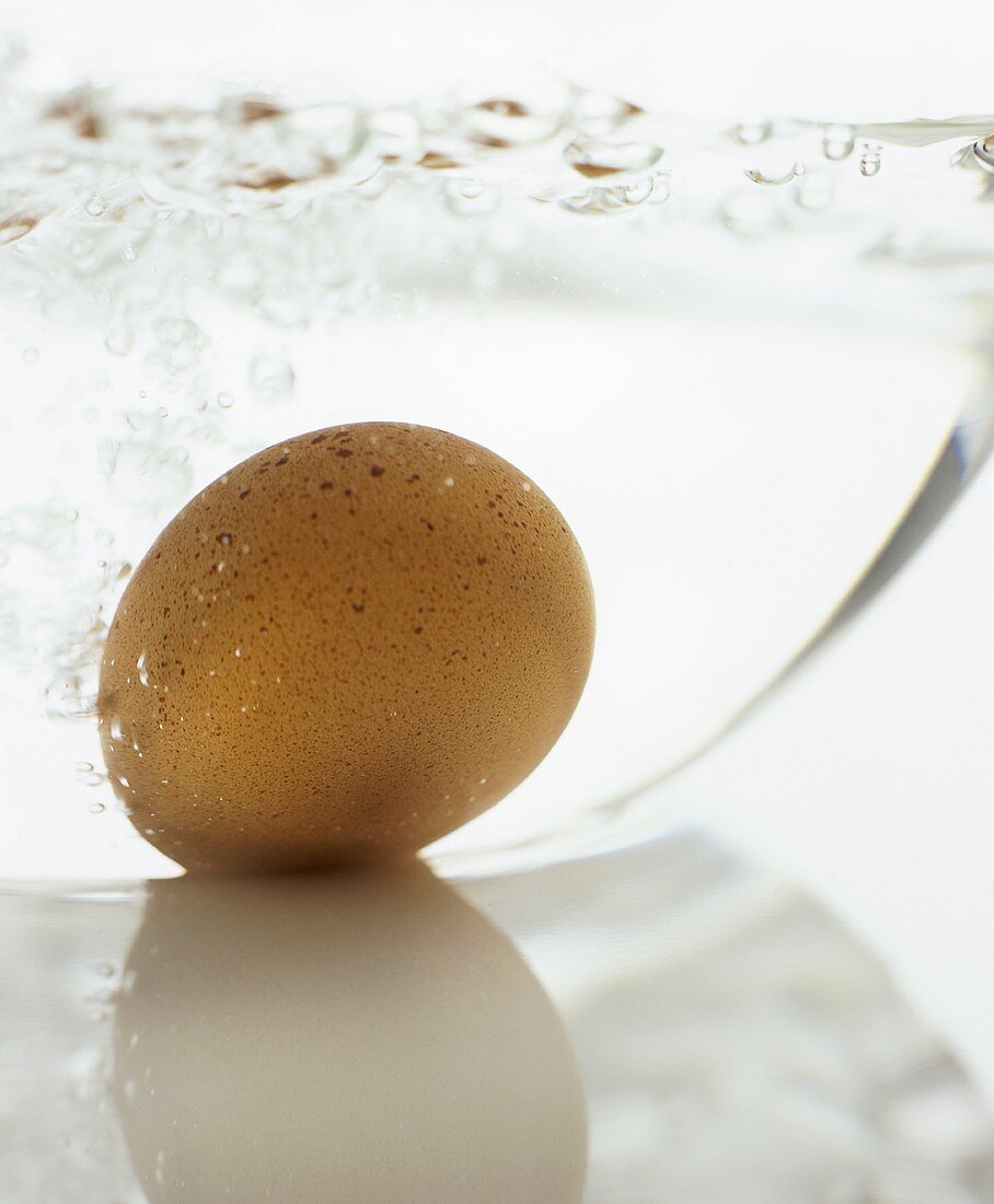 Ein braunes Ei in kochendem Wasser