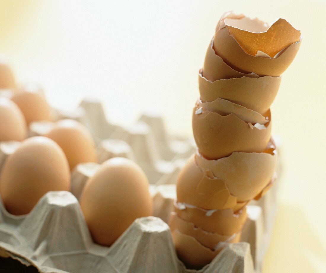 Ganze, braune Eier und Eierschalen in einem Eierkarton