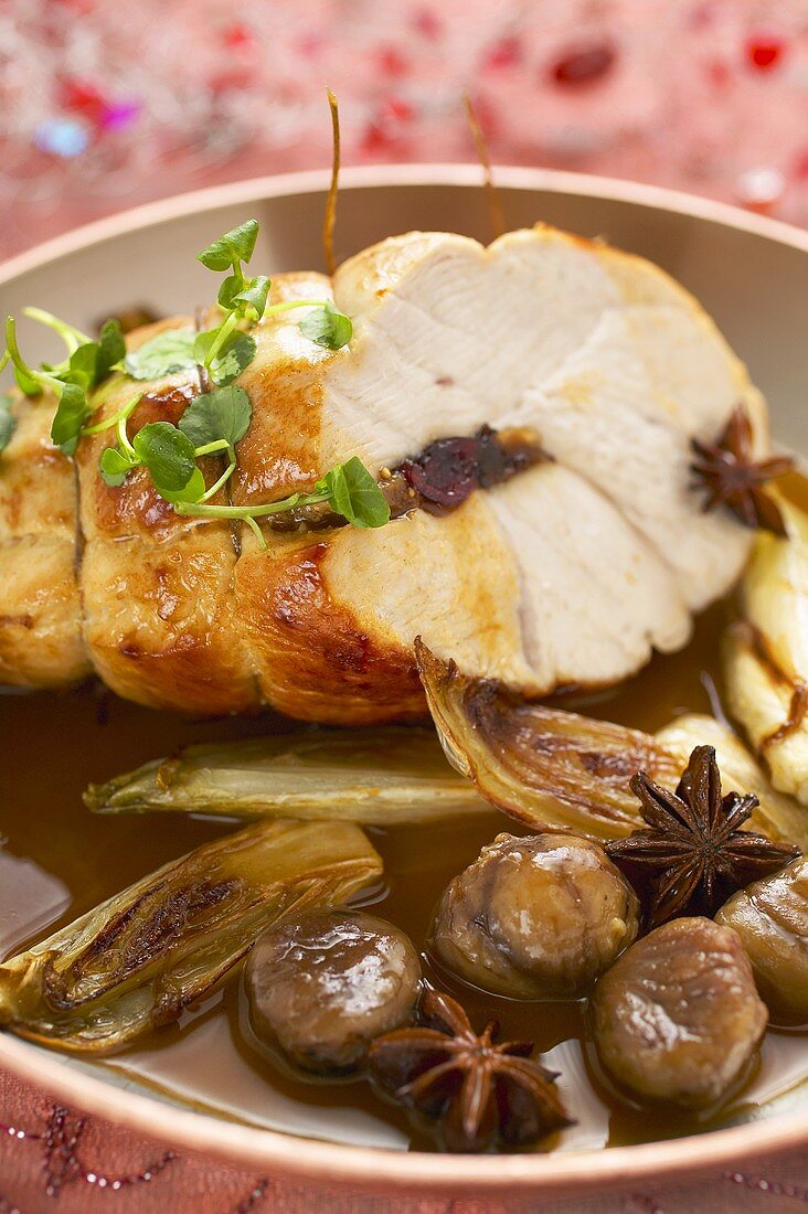 Stuffed turkey breast with chestnuts, star anise & chicory