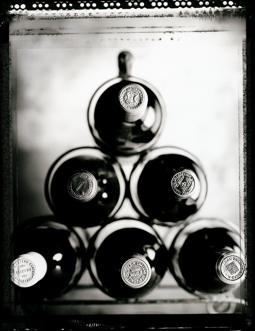Weinflaschen aus Bordeaux in einem Weinregal (s-w-Positiv)