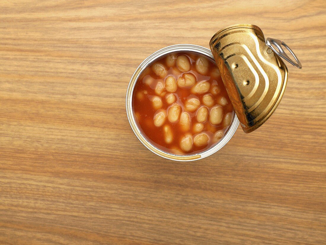 An open tin of baked beans