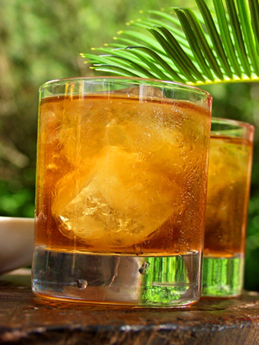 Two glasses of iced tea in front of palm leaf in open air