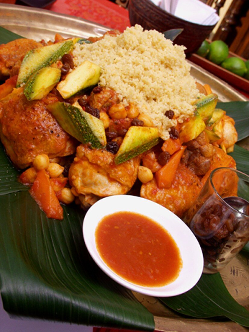 Chicken with vegetables, couscous and spicy sauce
