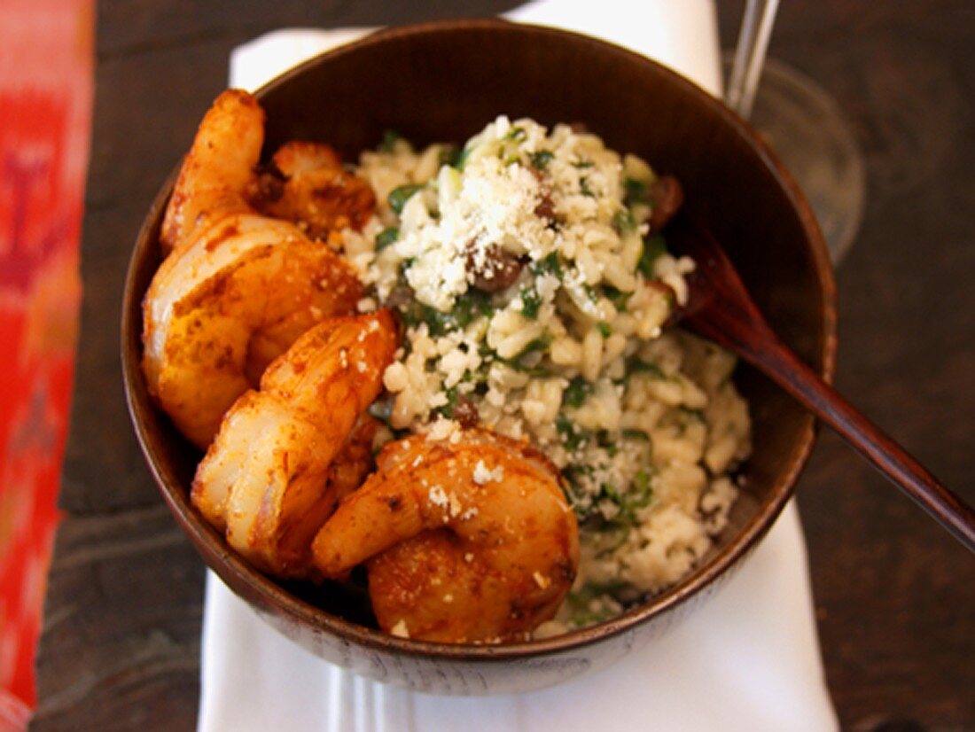 Scampi with spicy spinach risotto