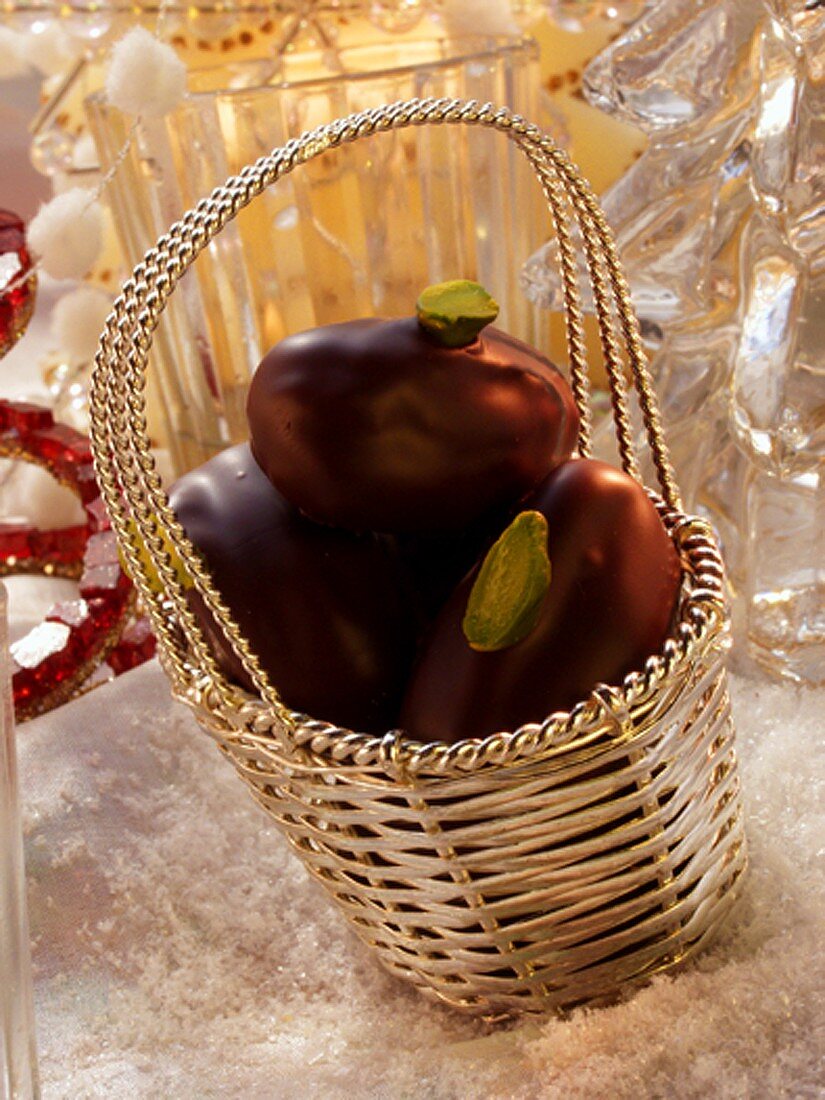 Christmas date sweets in silver basket