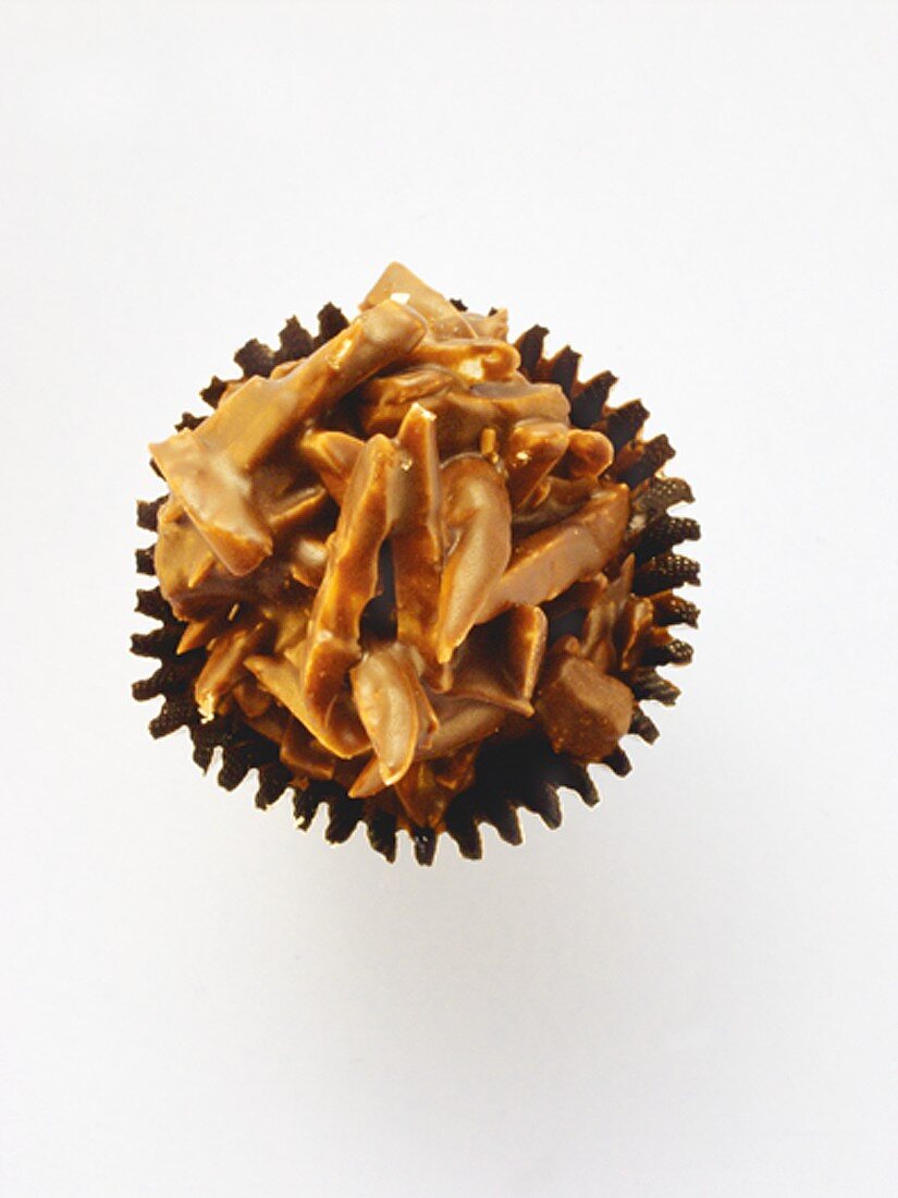 Almond cluster with chocolate icing in paper case