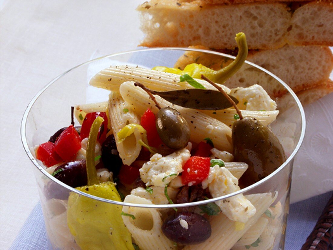 Greek pasta salad with olives & sheep's cheese