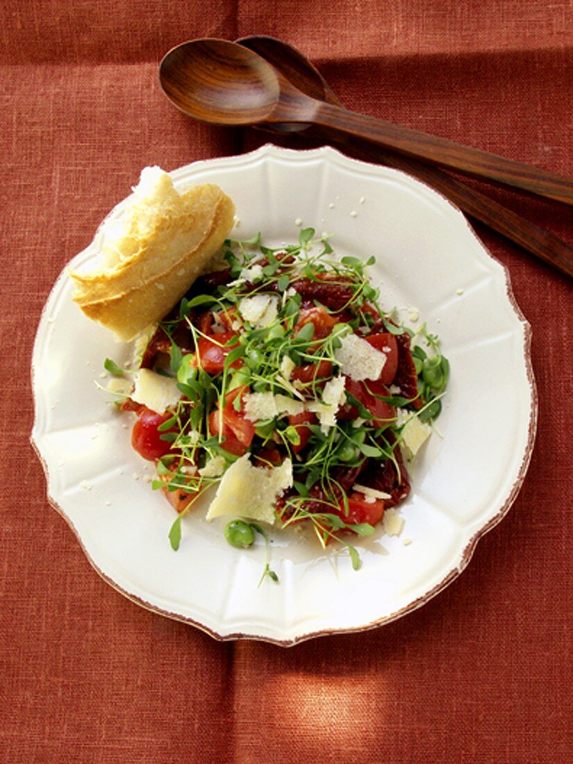 Cress salad with broad beans, tomatoes and parmesan