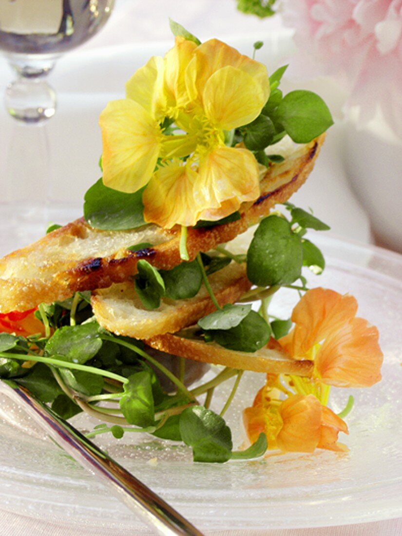 Watercress salad with flowers and toasted bread