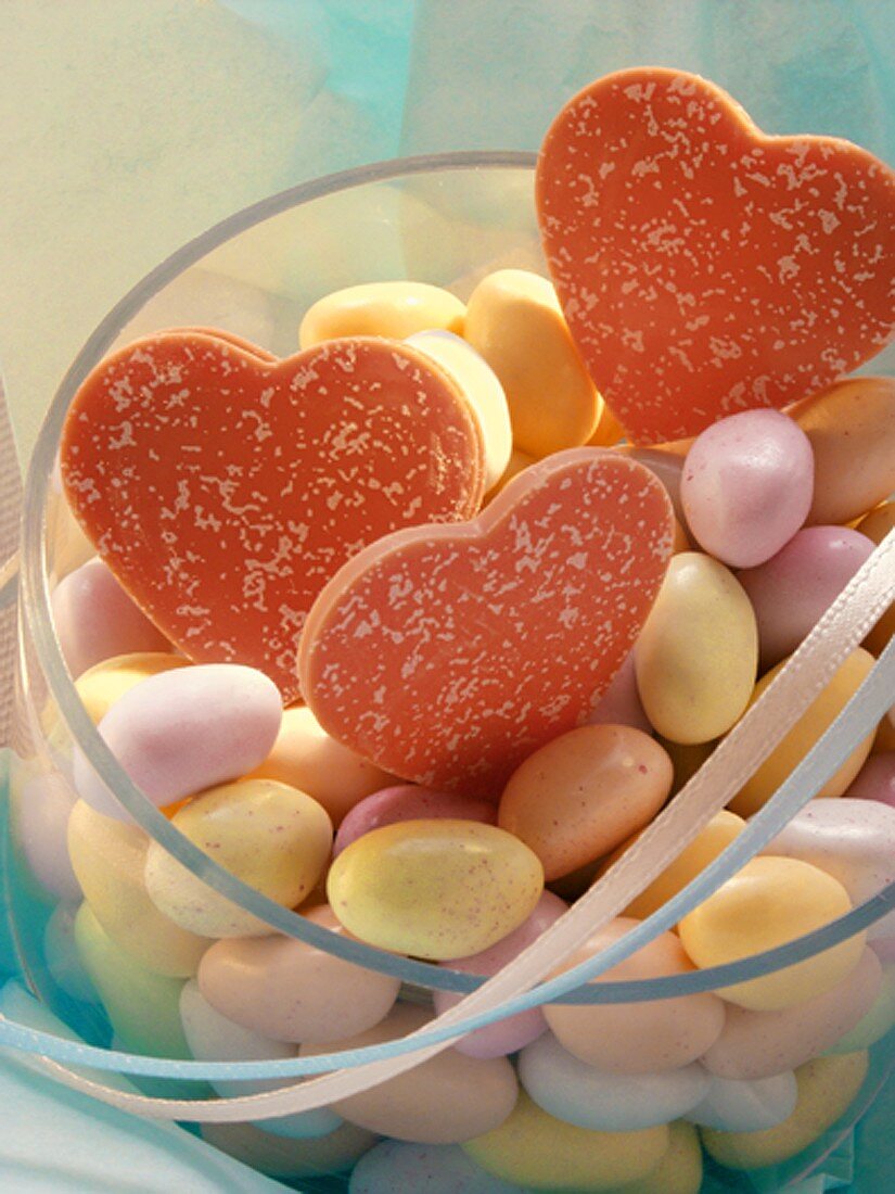 Red chocolate hearts and jelly beans