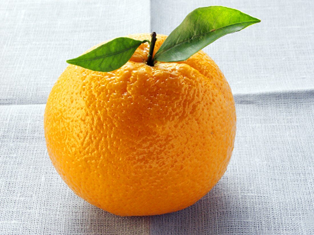 Orange mit Stiel und Blättern