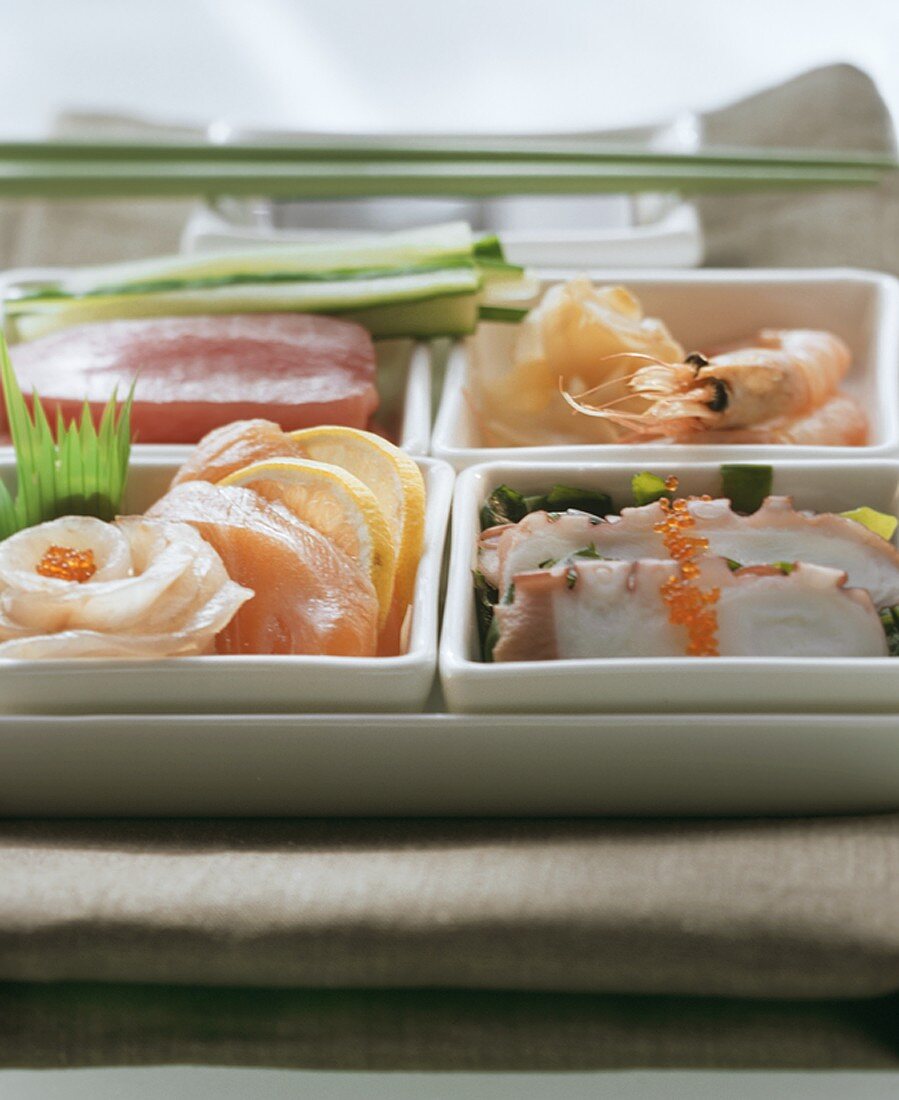 Sashimi with salmon, tuna, cuttlefish etc.