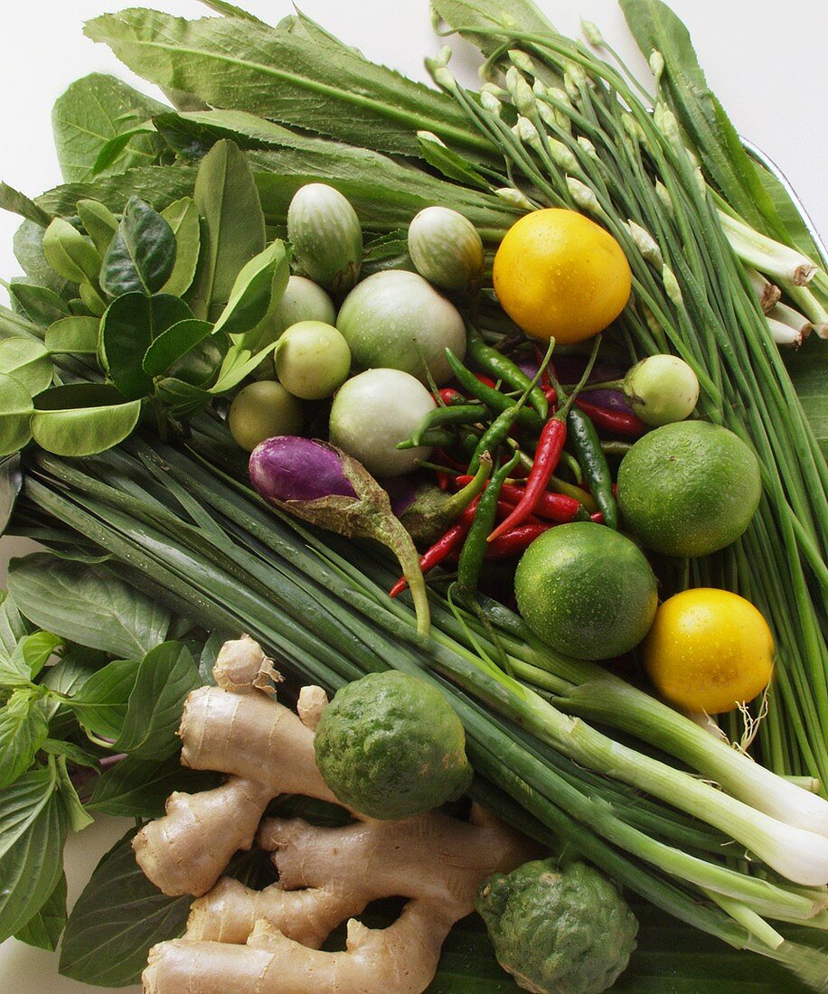 Asian vegetable still life with limes, herbs, ginger