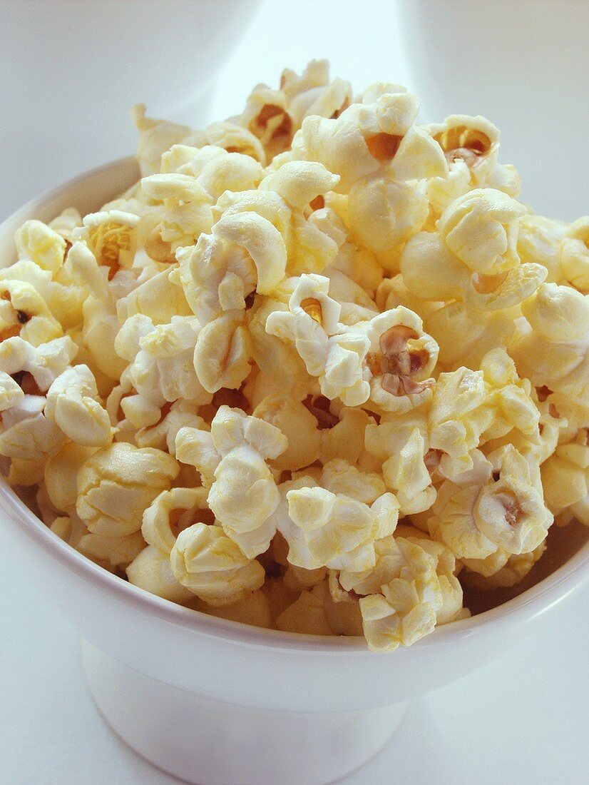 Popcorn in white bowl from above