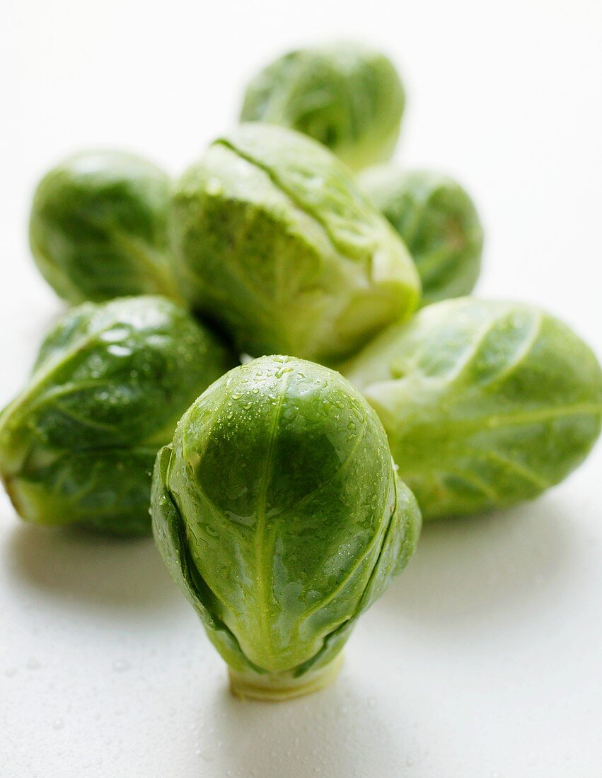 Fresh Brussels sprouts with drops of water