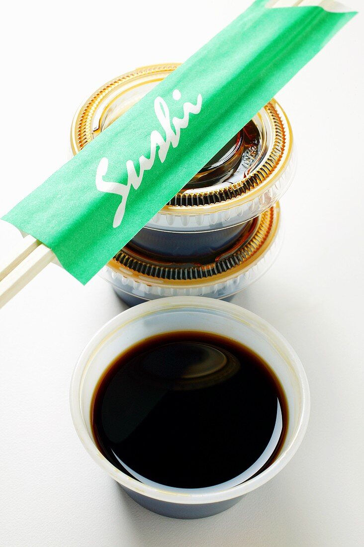 Soy sauce and chopsticks for take-away sushi