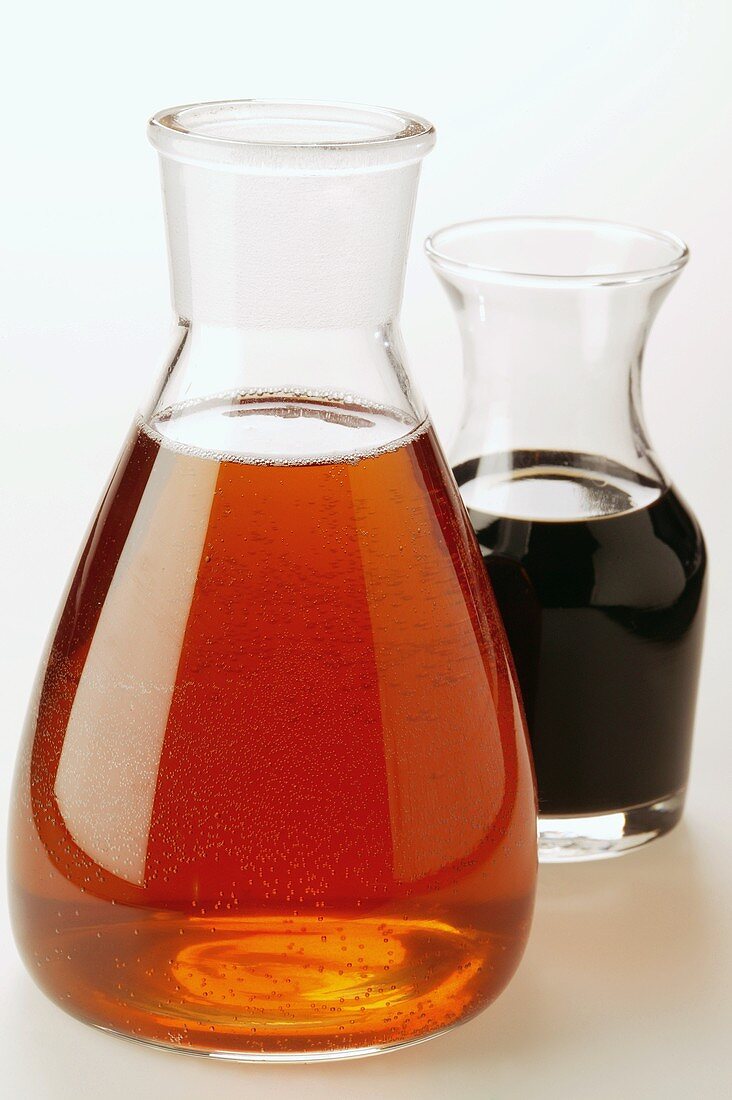 Sesame oil and balsamic vinegar in carafes