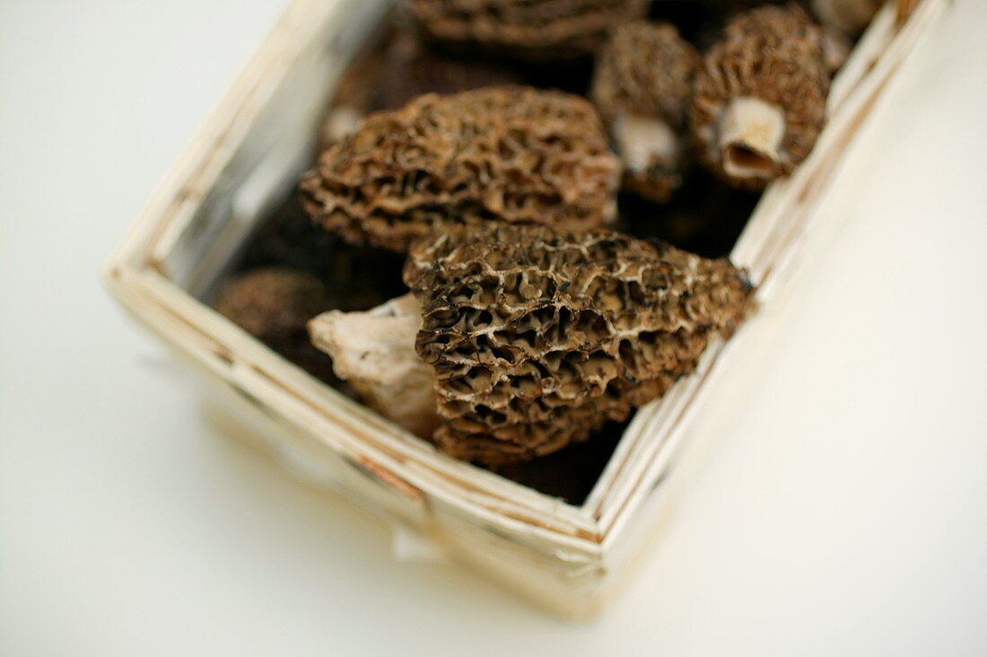 Morels in chip basket