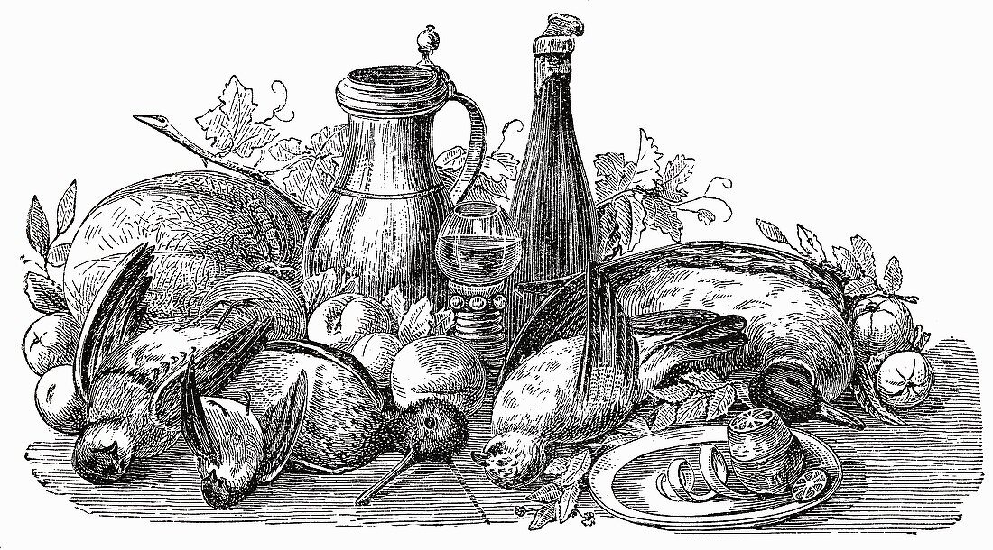 Stillleben mit Geflügel, Gemüse, Obst und Wein (Illustration)