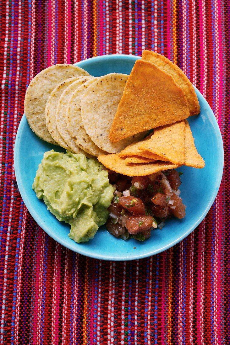 Tomato salsa and guacamole with tortilla chips