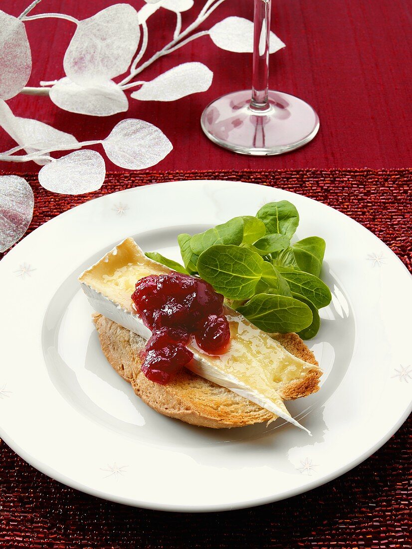 Melted Brie with cranberry sauce on toasted bread