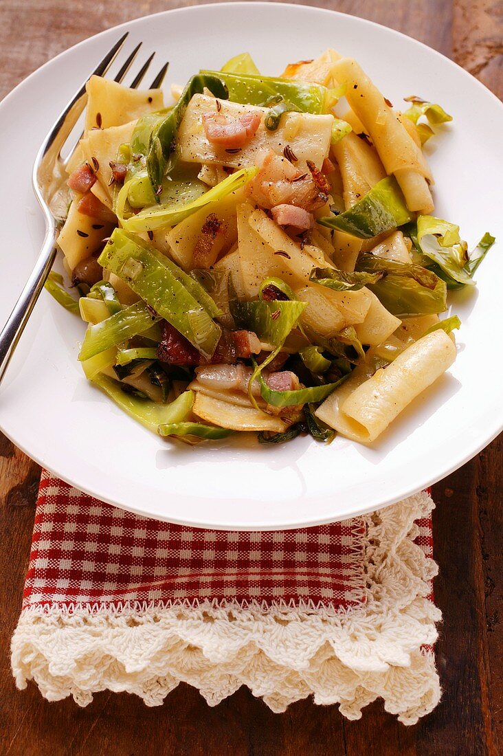 Krautfleckerl (pasta and cabbage) with bacon (Austria)