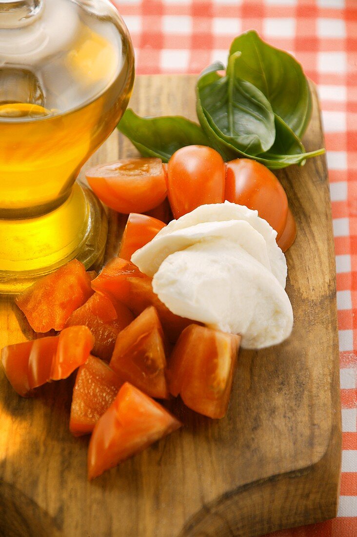 Stillleben mit Tomaten, Mozzarella, Basilikum und Olivenöl