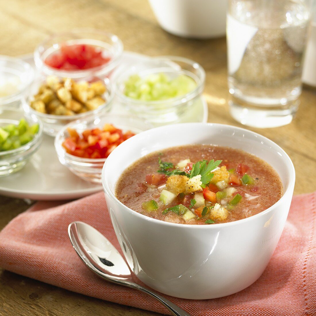 Gazpacho in soup bowl, surrounded by ingredients