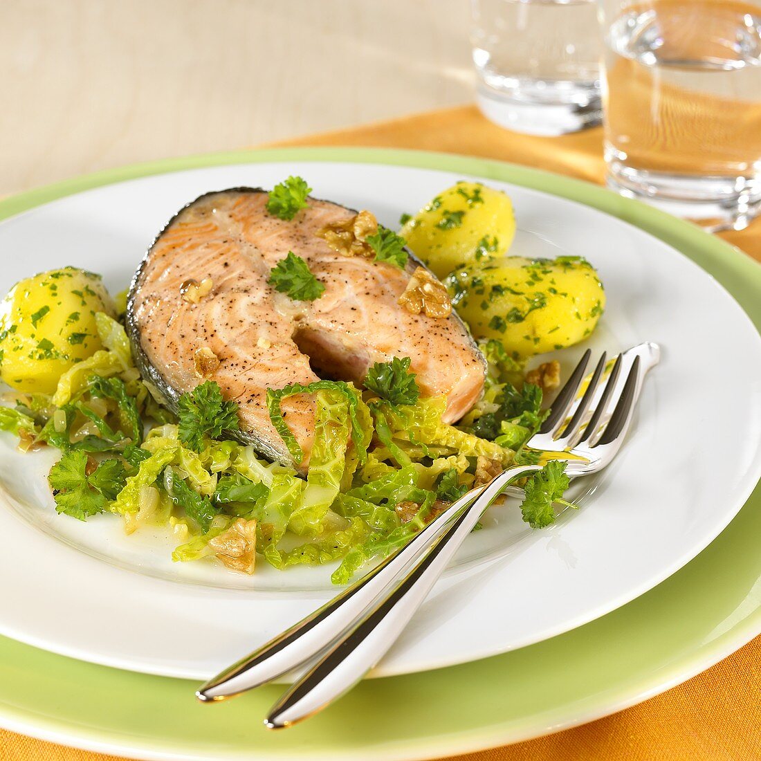 Salmon cutlet with parsley potatoes and savoy