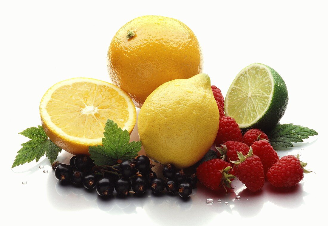 Citrus fruits, redcurrants and raspberries