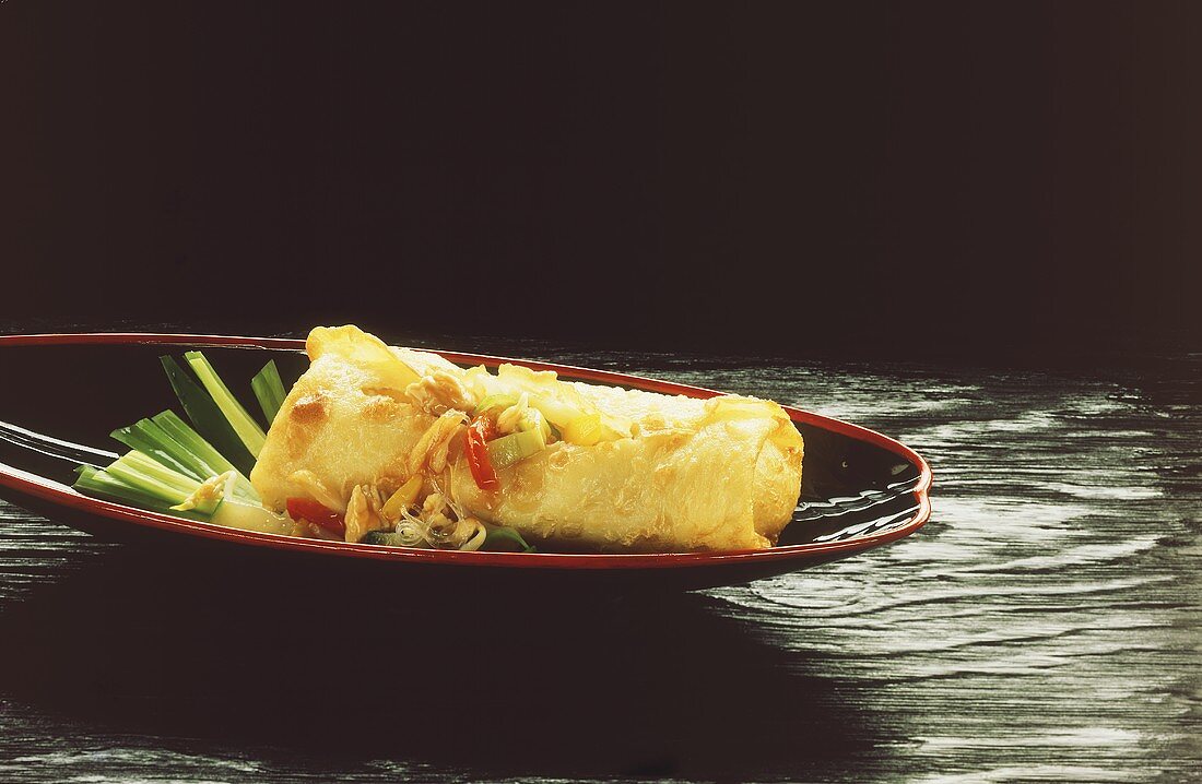 Spring roll on Asian plate