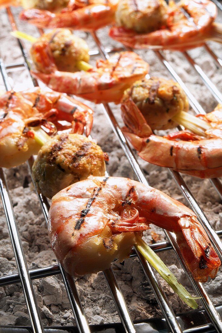 Shrimp kebabs on barbecue rack