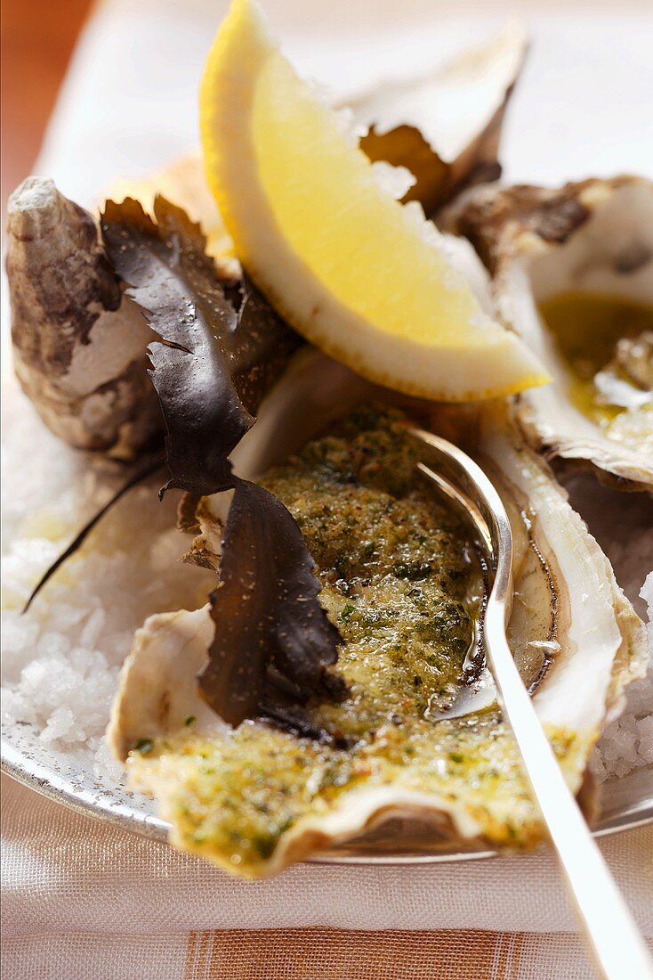 Überbackene Austern mit Kräuterbröseln und Zitronenschnitz