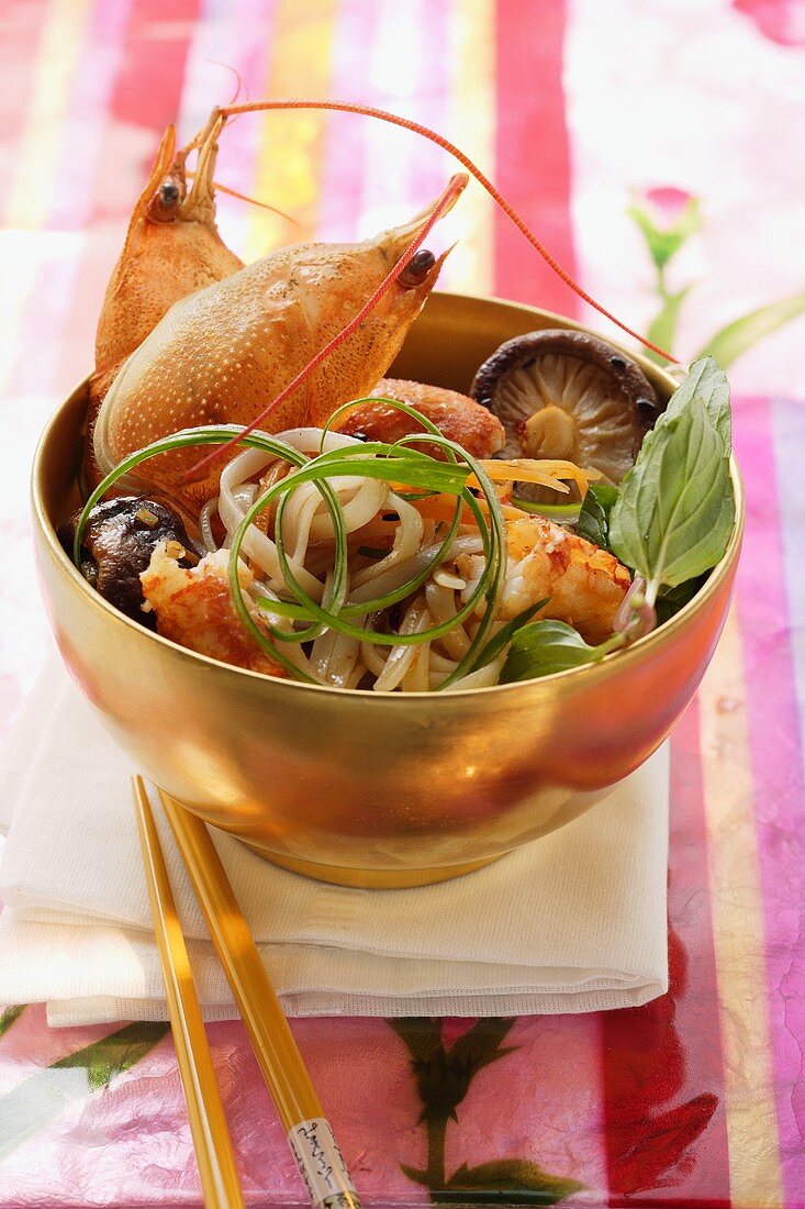 Rice noodles with freshwater crayfish and Thai basil