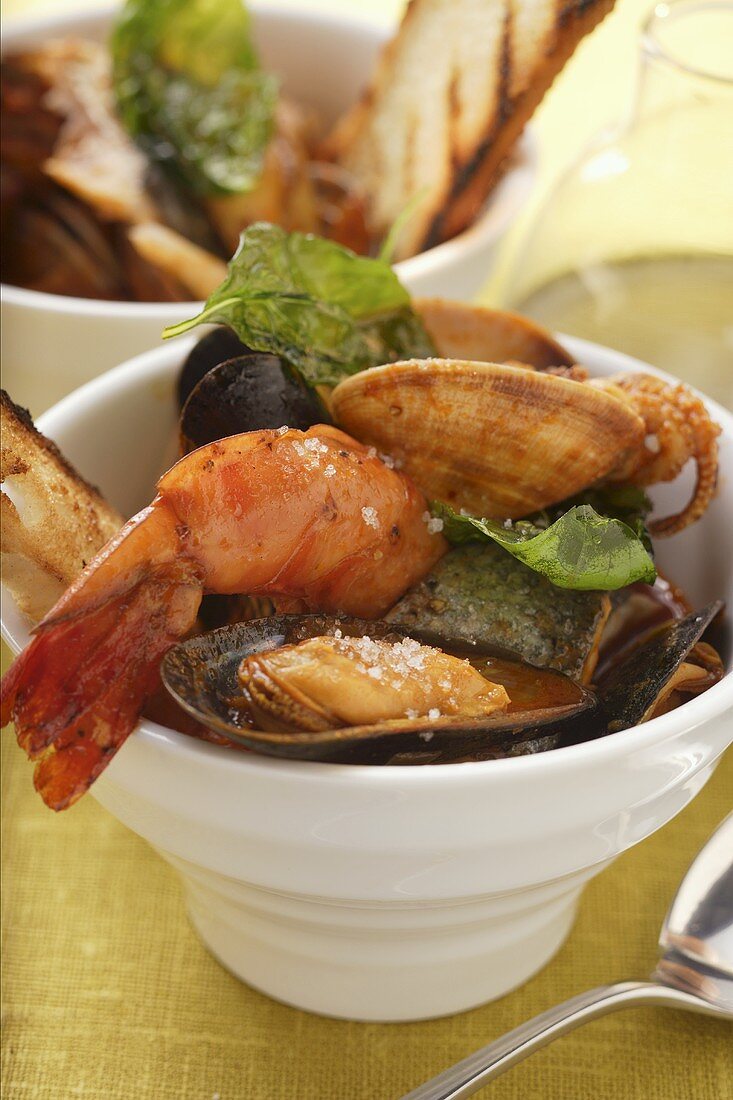 Fish soup with mussels, shrimps and tomatoes