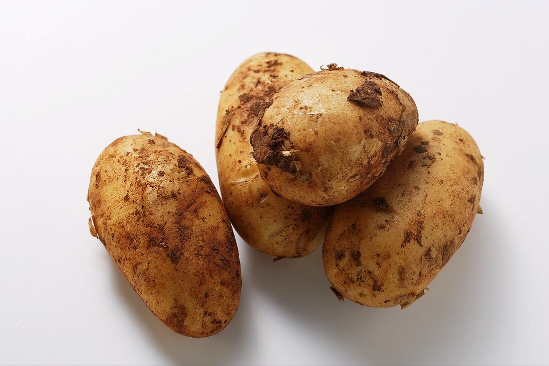 Four potatoes with soil