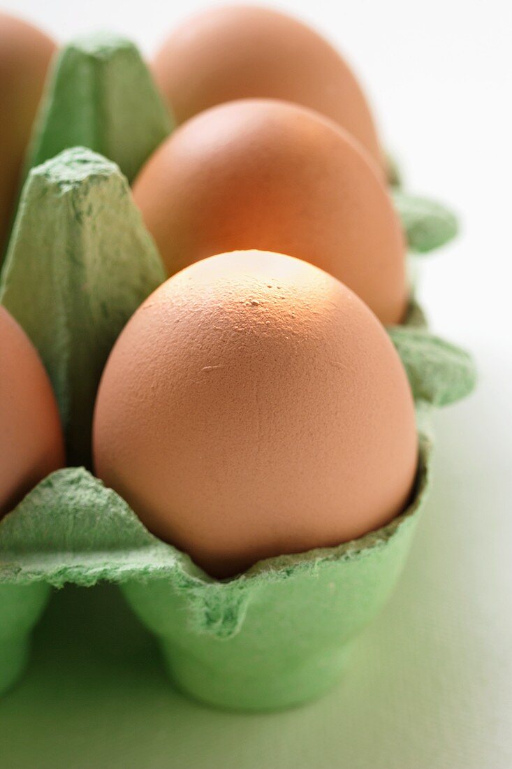 Brown eggs in green egg box