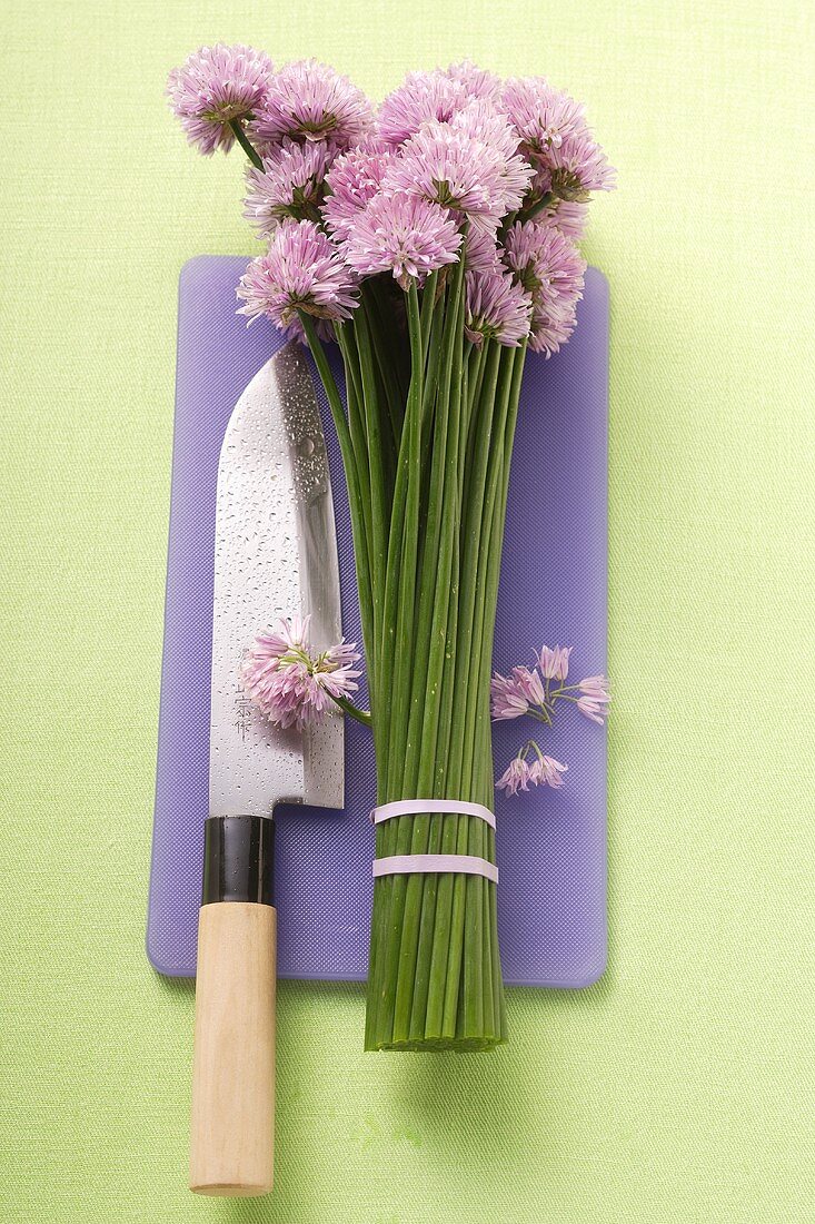 Schnittlauchblüten und Messer auf lila Schneidebrett
