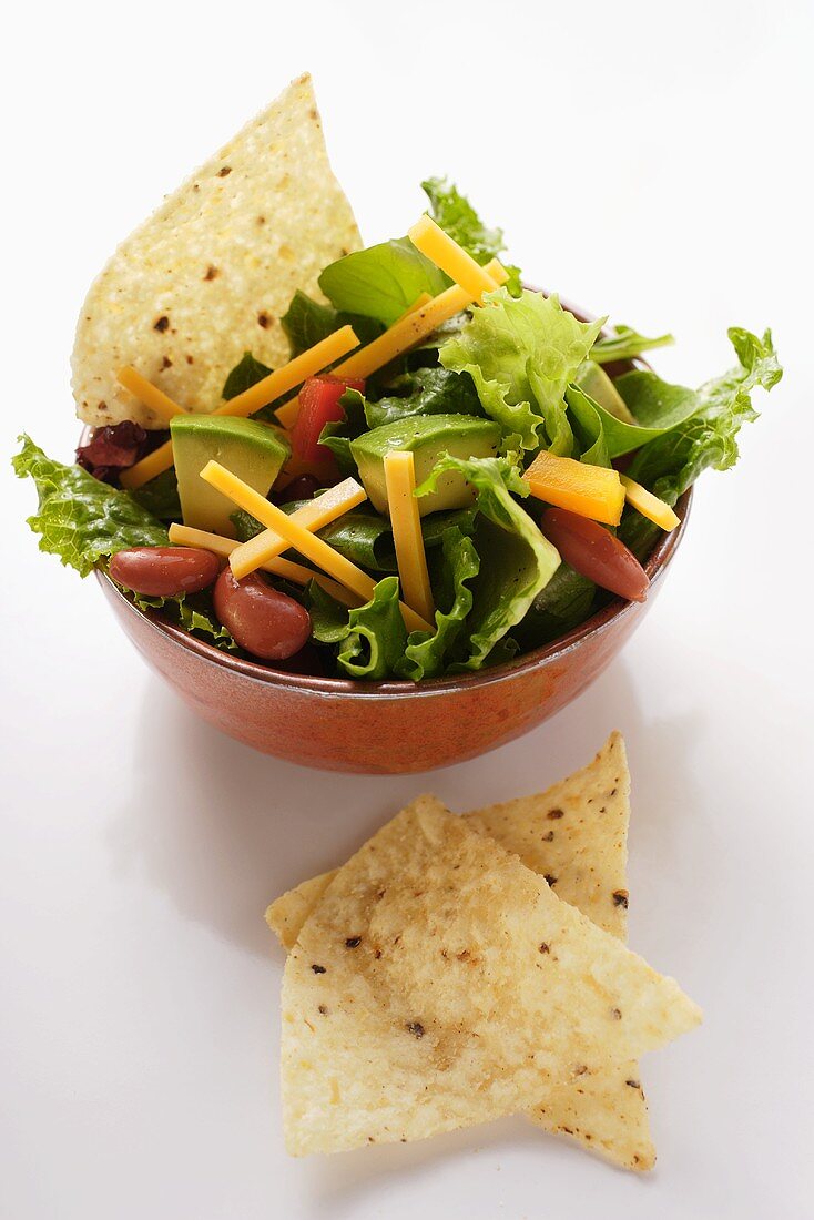 Mexikanischer Salat mit Gemüse, Käse und Tortillachips