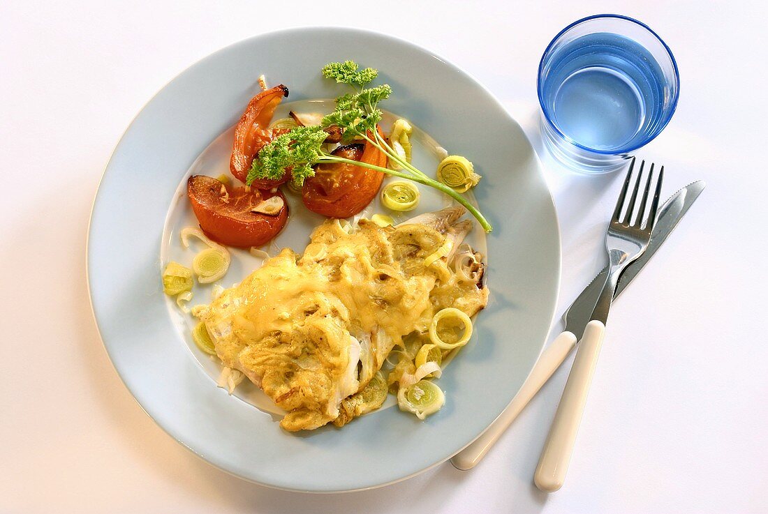 Überbackener Kabeljau, garniert mit Tomaten und Lauch