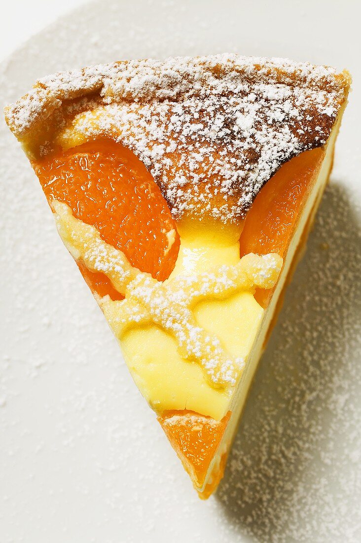 Piece of cheesecake with apricots & icing sugar (overhead view)