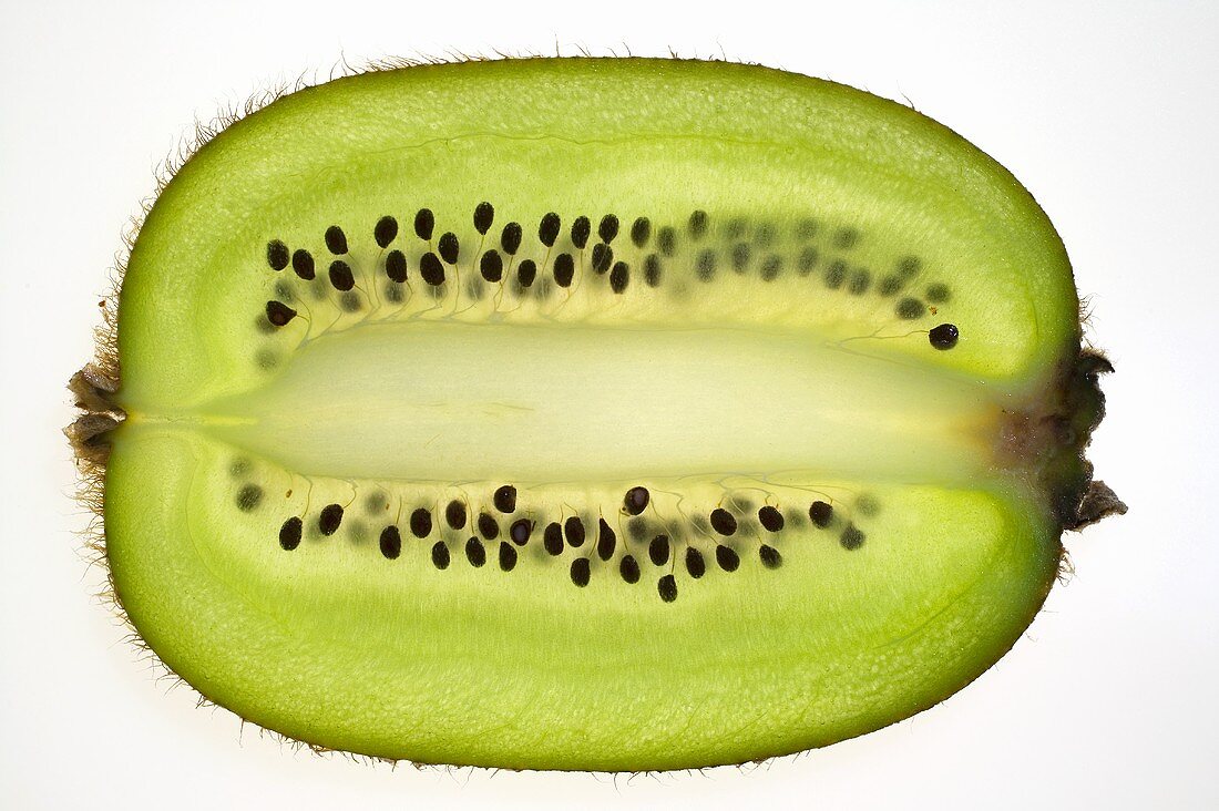 Kiwi fruit (lengthwise slice), backlit