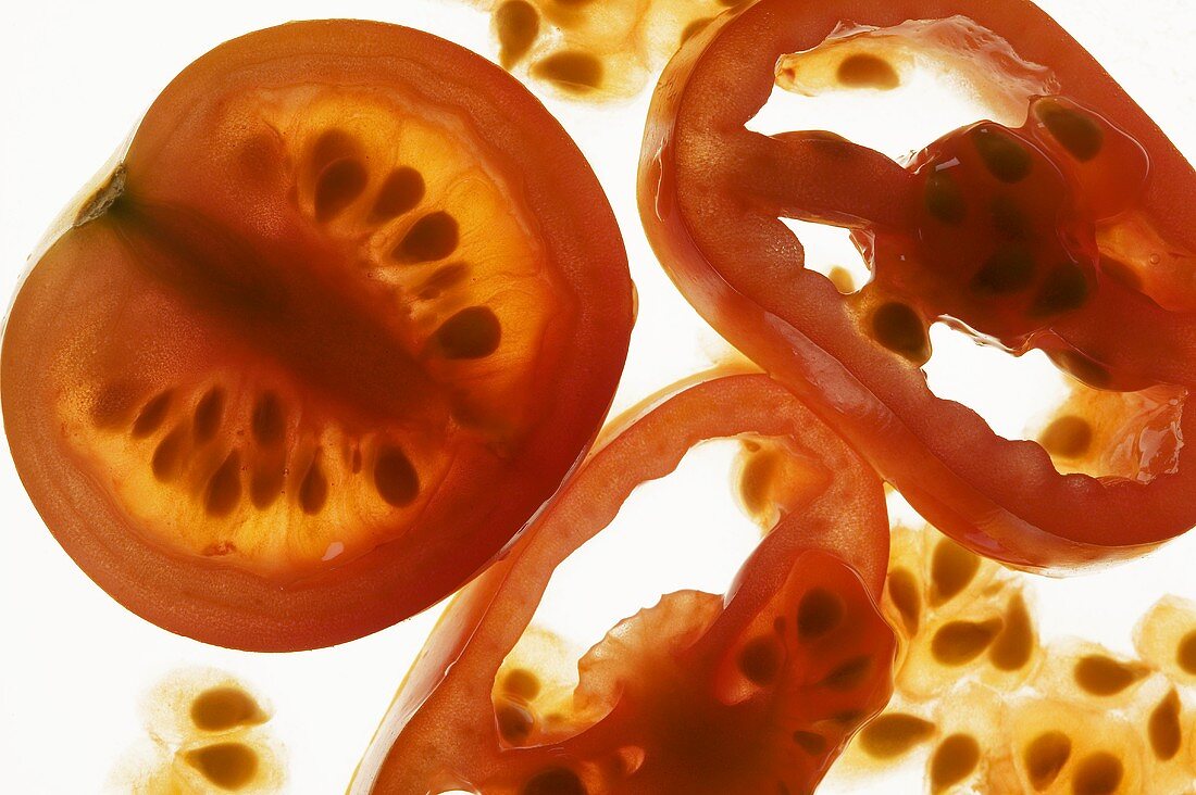 Tomatenhälfte und Tomatenscheiben, durchleuchtet
