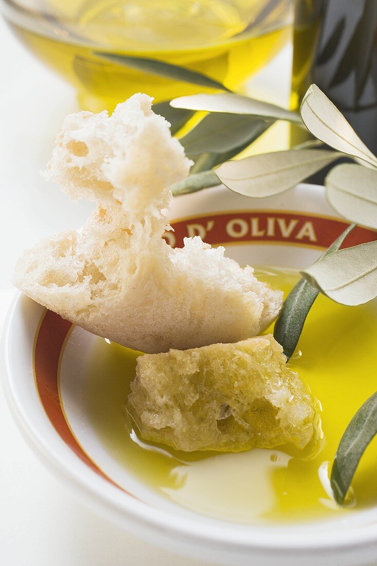 Olive oil in bowl with white bread, olive sprig, carafe