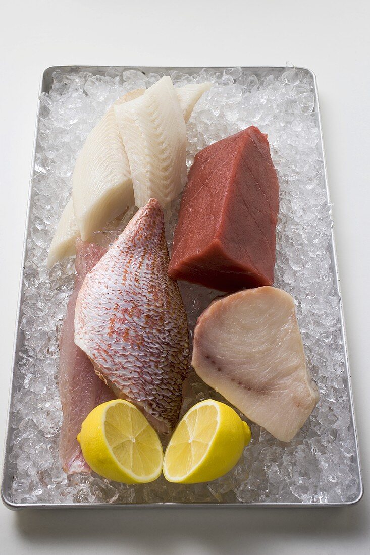 Assorted fish fillets with lemon on ice