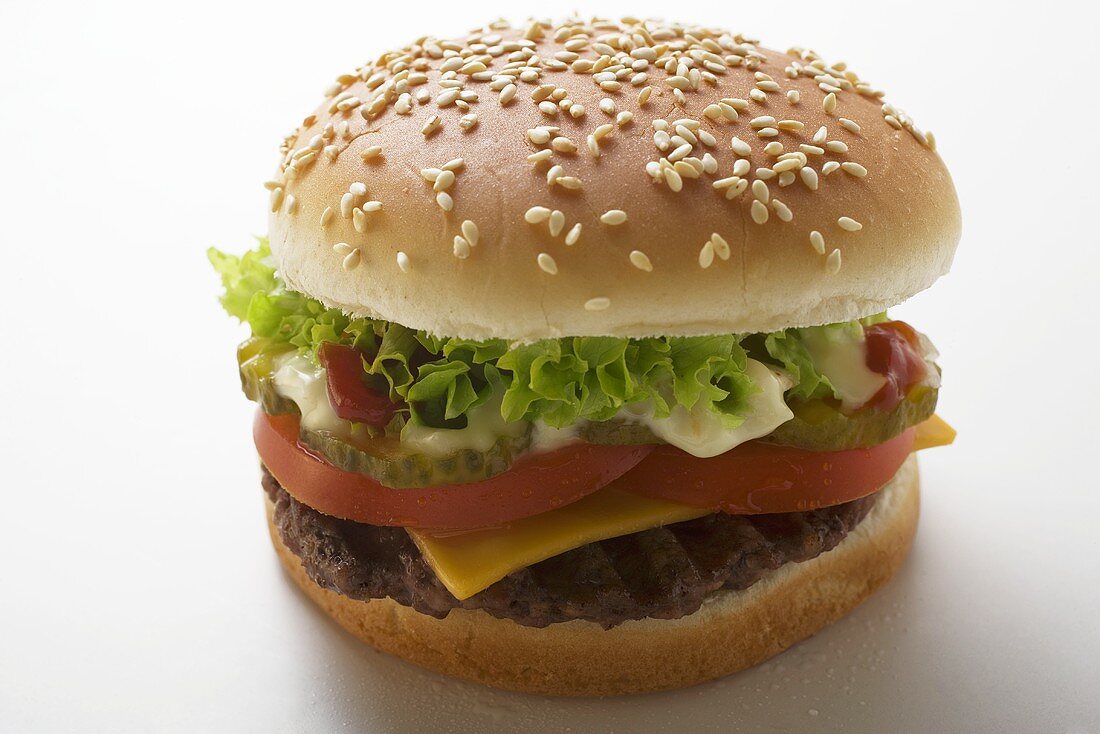 Cheeseburger with tomato, lettuce, ketchup and mayonnaise